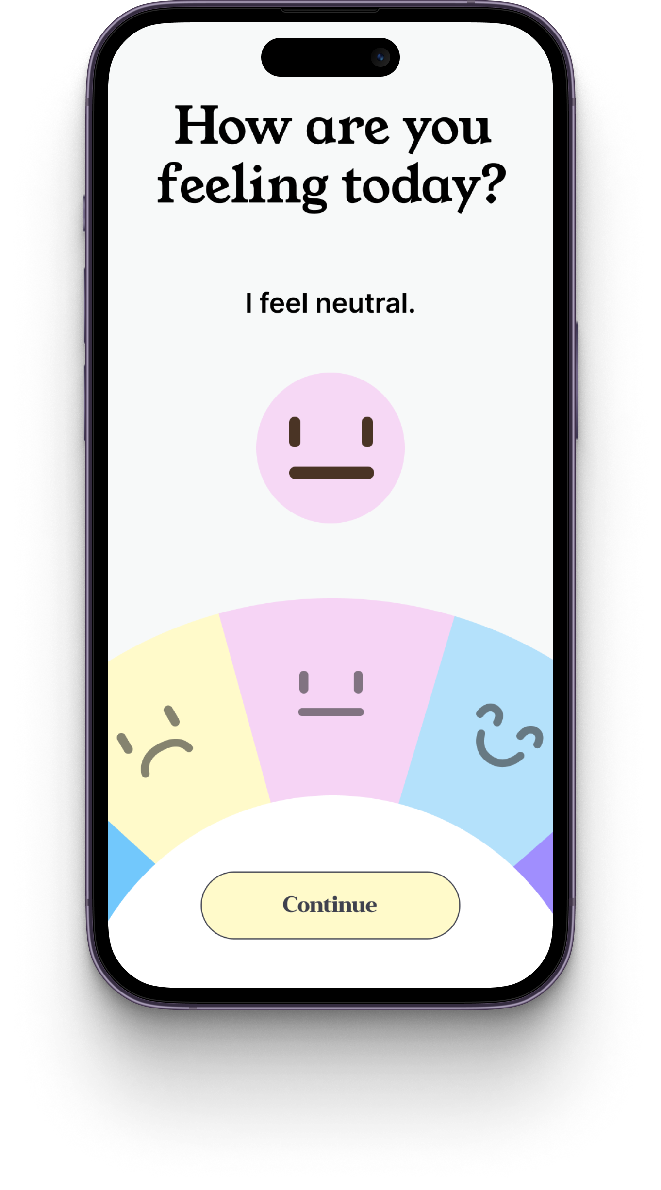 Teen mood tracking interface showing different emotion options and personalized meditation recommendations